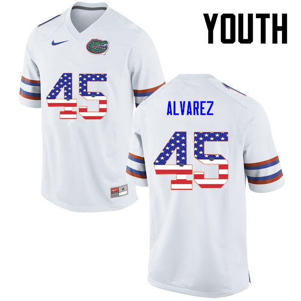 Florida Gators Youth #45 Carlos Alvarez College Football USA Flag Fashion White